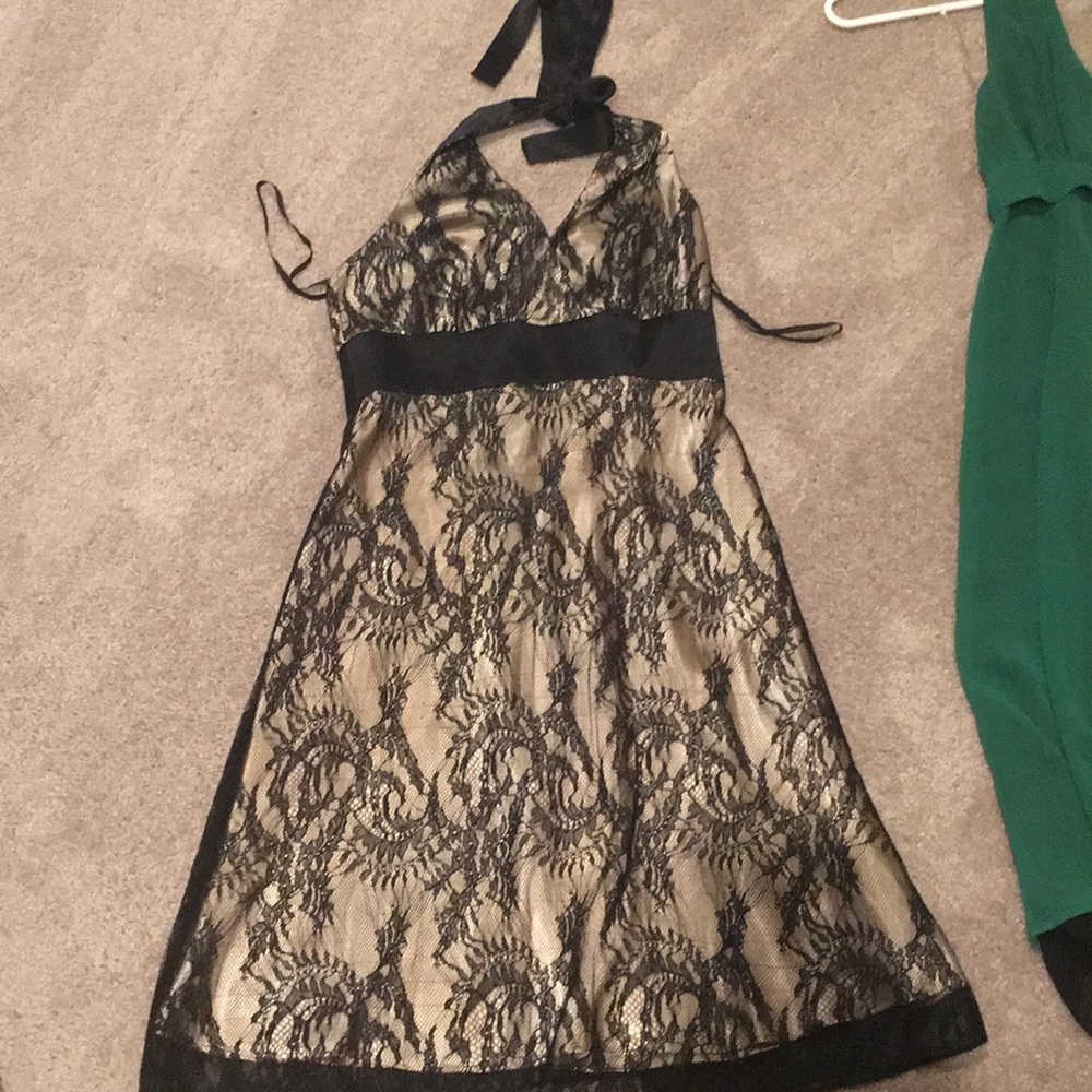 Black gold lace halter a-line cocktail dress sz 4